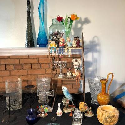 Lot 2 - Large Collection of Beautiful Glass Vases, China, Metal Stand, Pottery, Collectible Wood Figures, & China 