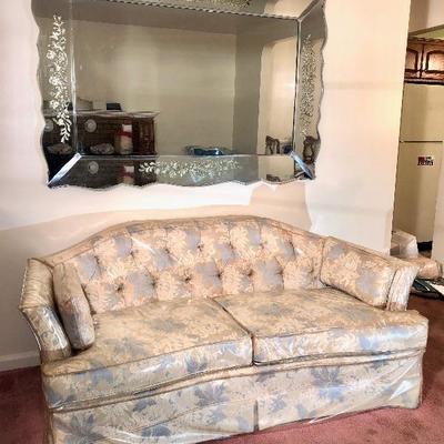 Lot 6 - Beautiful Custom Upholstered Love Seat with Custom Cover and Vintage Etched Mirror