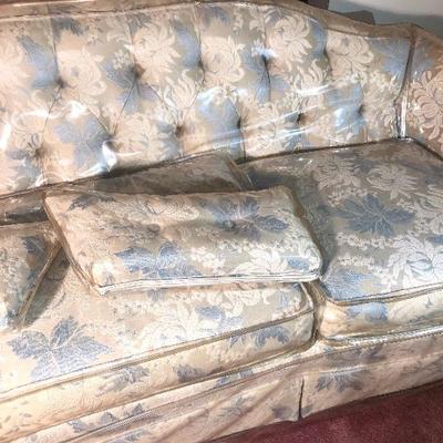 Lot 6 - Beautiful Custom Upholstered Love Seat with Custom Cover and Vintage Etched Mirror