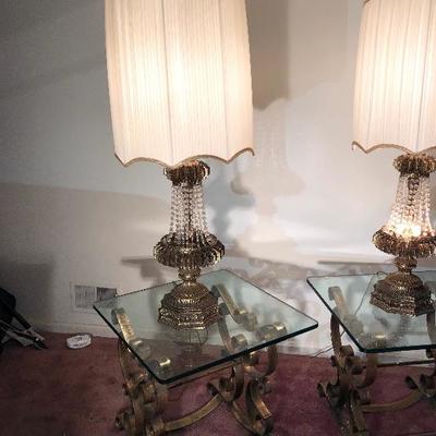 Lot 9 - Glass Coffee Table and Glass End Tables, Vintage Lamps and Metal Bird Decor