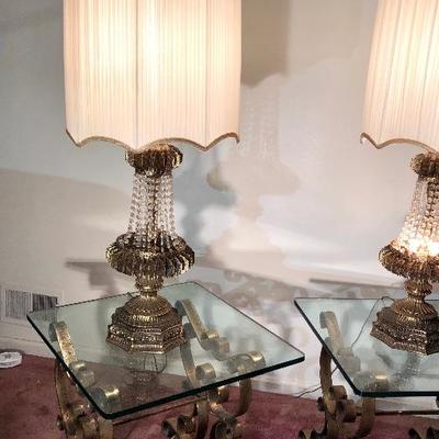 Lot 9 - Glass Coffee Table and Glass End Tables, Vintage Lamps and Metal Bird Decor