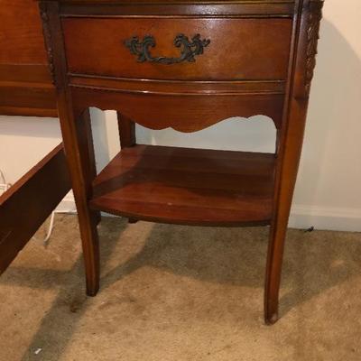 Lot 10  - Solid Wood French Provincial Twin Bed, Two End Tables & Hanging Cherubs 