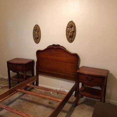 Lot 10  - Solid Wood French Provincial Twin Bed, Two End Tables & Hanging Cherubs 