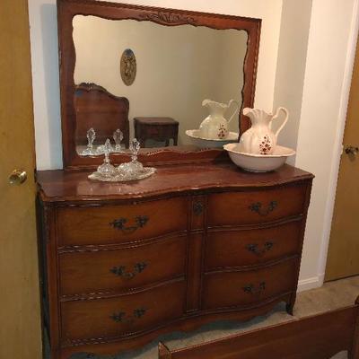 Lot 11 - French Provincial 6 Drawer Dresser with Mirror, Perfume Set and Wash Bowl & Pitcher