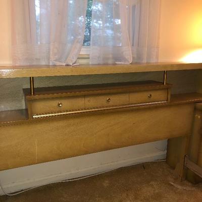 Lot 15 - Bassett Full Sized Bed, Bassett End Tables and Touch Brass Color Lamps