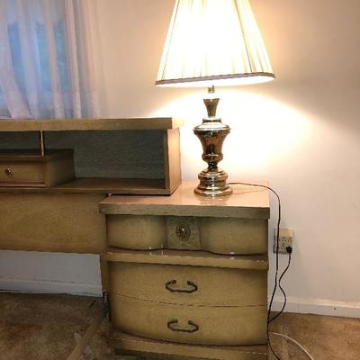 Lot 15 - Bassett Full Sized Bed, Bassett End Tables and Touch Brass Color Lamps
