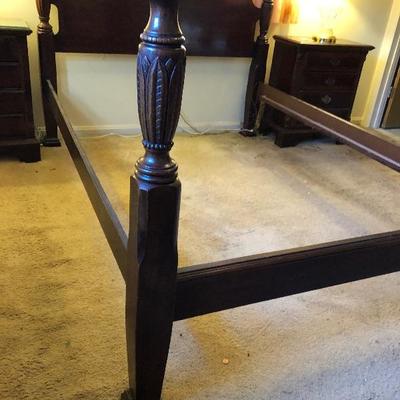 Lot - 57 Mahogany 4 Post Queen Bed, 2 End Tables and 2 Lamps