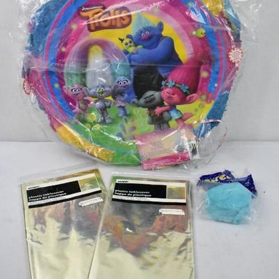 4 Pc Party Decor: Trolls Pinata, 2 Gold Tablecloths, & Turquoise Streamer - New