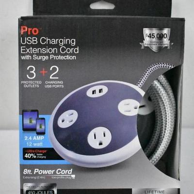 GE Pro 3-Outlet Extension Cord, 2-Port USB, 8-Foot Cord, Surge Protection - New