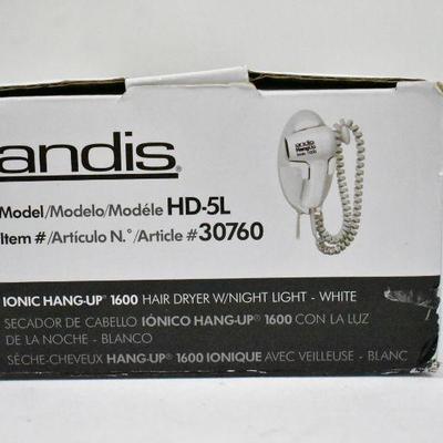 Andis Ionic 1600W Hang Up Dryer with Night Light, White - New