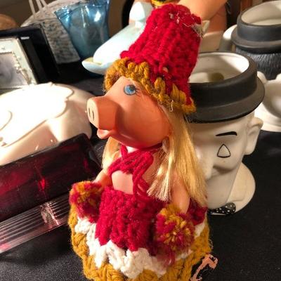 Lot 65 - Various items including Vintage Miss Piggy, Signed/Numbered Laurel and Hardy Mugs, Hurly Dish, Wine Decanter, Baskets, Games,...