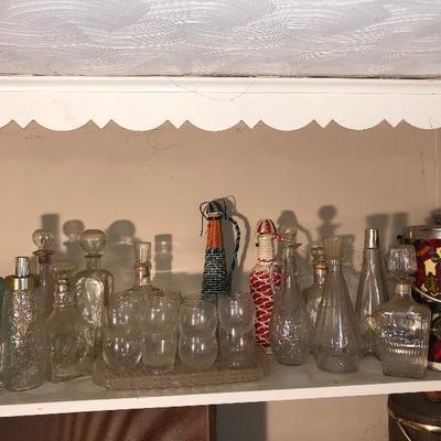 Lot 71 - Large Lot of  Painted Decanters, Plastic Trays, Glass Decanters, Large Ice Bucket and Hight Ball Cups