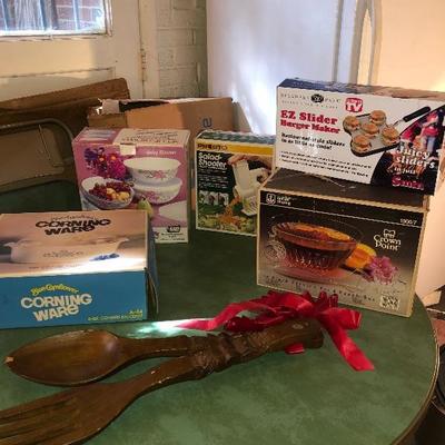 Lot 82 - New Samsonite Card Table & 4 Chairs, New Corning Ware, New Crown Point Punch Bowl, New Easy Slider, New Salad Shooter & New...