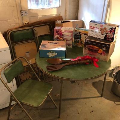 Lot 82 - New Samsonite Card Table & 4 Chairs, New Corning Ware, New Crown Point Punch Bowl, New Easy Slider, New Salad Shooter & New...