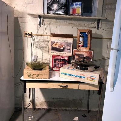 Lot 85- New Farberware SS Pan, Pebbletone Chip Dip, Pasta Maker, Mr Coffee, Teak Wood Wine Holder, Salad Bowl Set, Vintage Metal Working...
