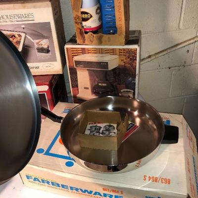 Lot 85- New Farberware SS Pan, Pebbletone Chip Dip, Pasta Maker, Mr Coffee, Teak Wood Wine Holder, Salad Bowl Set, Vintage Metal Working...