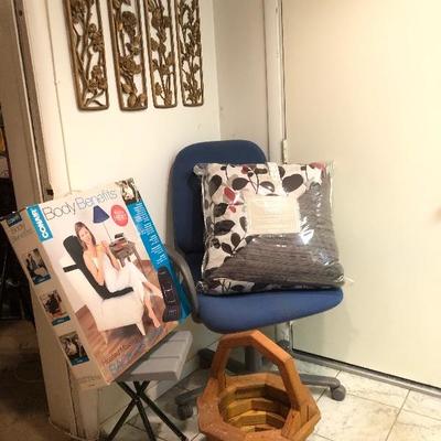 Lot 89 - Office Chair, New Twin Comforter, Folding Travel Chair, Chair Massager, Wooden Planter, Wall Art