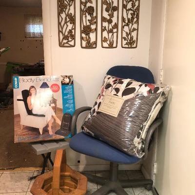 Lot 89 - Office Chair, New Twin Comforter, Folding Travel Chair, Chair Massager, Wooden Planter, Wall Art
