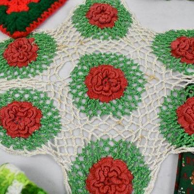 8 Piece Vintage Kitchen Linens: Red & Green Crochet & Knit, and Christmas Fabric
