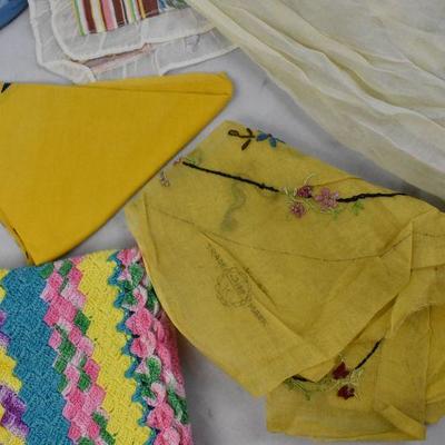 9 Piece Vintage Fabrics: 4 Hot Pads, 2 Aprons, 1 Blanket, and 2 Hankies