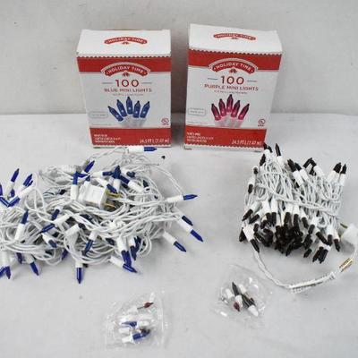 2 Strands Holiday Lights: 100 Blue & 100 Purple Mini, White Wires - Tested, Work