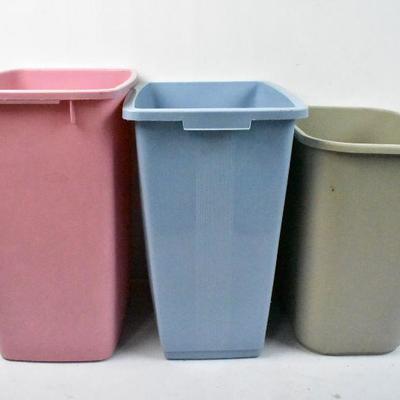 3 Garbage Cans: Pink, Blue, & Gray. Pink is 8 Gallon Size