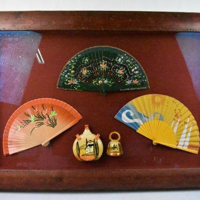 Large Unique Shadow Box with Barcelona Items: 3 Fans and 2 Pieces of Pottery