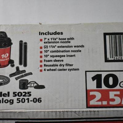 Shop Vac 10 Gallons 2.5 HP, Includes Attachments - Tested, Works