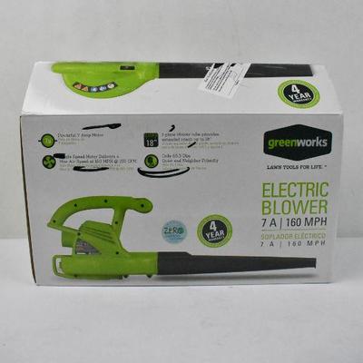 Greenworks Electric Blower, 7 Amp, 160 MPH - Tested, Works