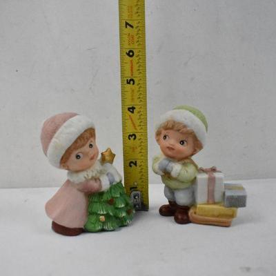 2 Christmas Figurines: Boy with Presents & Girl with Tree