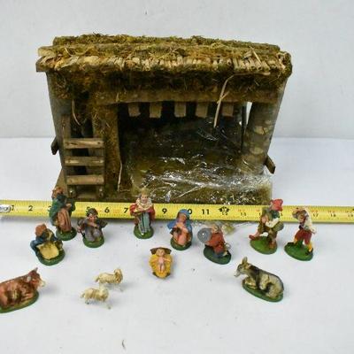 Miniature Nativity Scene: 13 Molded Plastic Figures and 1 Building