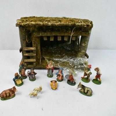 Miniature Nativity Scene: 13 Molded Plastic Figures and 1 Building