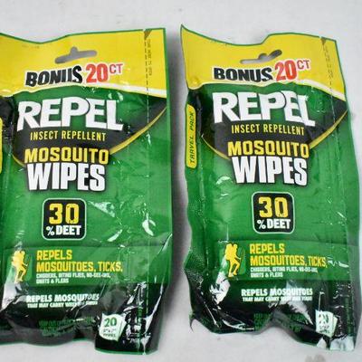 Repel Insect Repellent Mosquito Wipes, 2 packages of 20 each - New