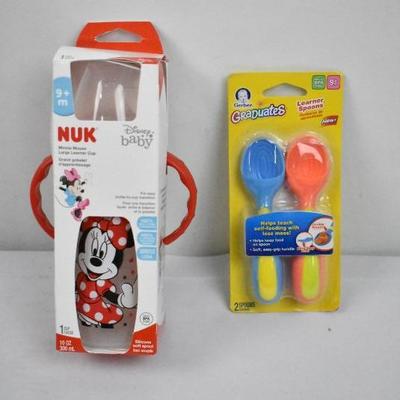 NUK Disney Learner Sippy Cup Minnie Mouse, 10 oz & Gerber Learner Spoons - New
