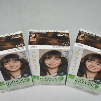 3 Boxes Hair Color: Clairol Natural Instincts 6W Light Brown - New, Damaged Box