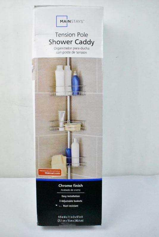 Mainstays Tension Pole Shower Caddy, Chrome Finish New, Open Box