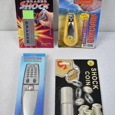 4 Pc Practical Joke Shocking Toys: Eraser, Nail Clippers, Remote, & Coins - New
