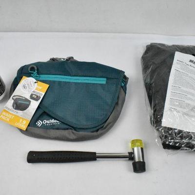 4 Piece Outdoors Lot: Magic Mesh, Waist Pack, Small Hammer, and String - New