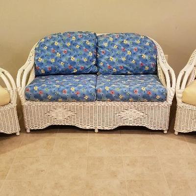 Lot 11 - Wicker Furniture Set with Cushions - 3 Piece - Sofa &  2 Chairs