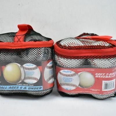 Rawlings Mesh Bag of Soft T-Ball Baseballs, 2 Packs, 6 in Each Pack - New