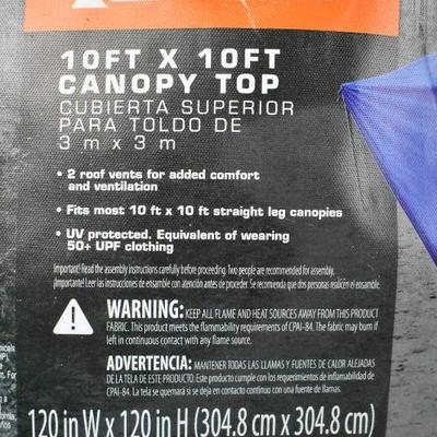 Ozark Trail 10 Foot x 10 Foot Canopy Top, Blue, Top ONLY - New, Open Package