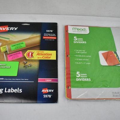 Avery Neon Shipping Labels and Mead 5 Tabbed Pocket Dividers - New