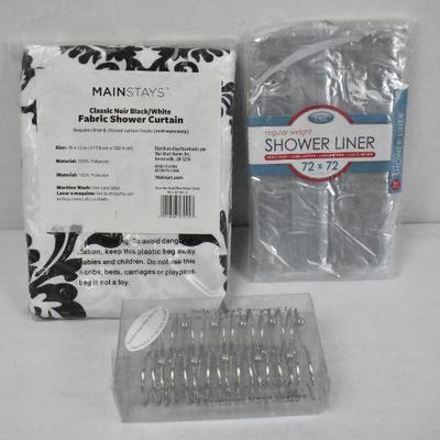 Shower Curtain Lot: Fabric Shower Curtain, Shower Liner & 12 Curtain Hooks