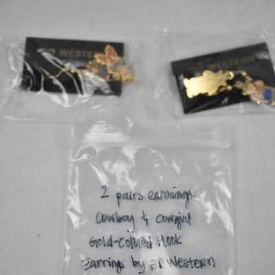 2 Pairs of Earrings: Cowboy & Cowgirl Gold-Colored Hook Earrings - New