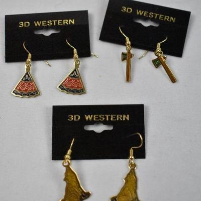 3 Pairs of Earrings 3D Western Charm Gold-Colored Dangle Hooks - New