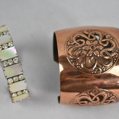 Vintage Costume Jewelry: 2 Cuff Bracelets 1 Copper/1 Mother of Pearl