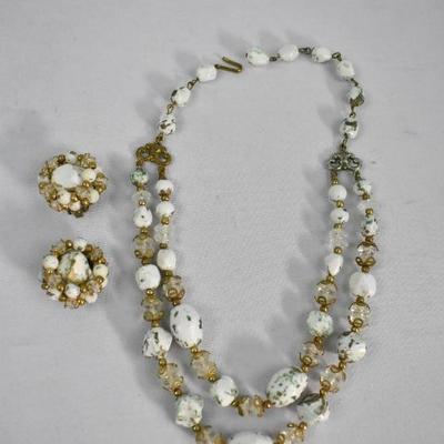 Vintage Costume Jewelry: Stone & Crystal Set Necklace & Clip-on Earrings