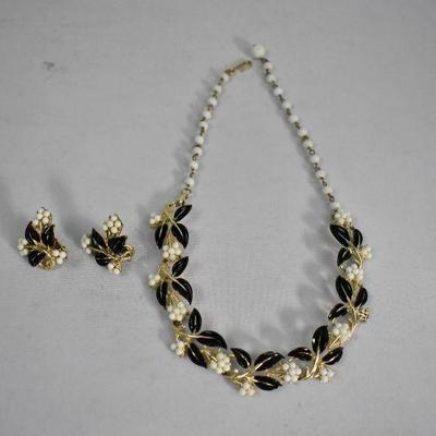Vintage Costume Jewelry B&W Enamel & Gold Toned Necklace & Clip-on Earrings Coro
