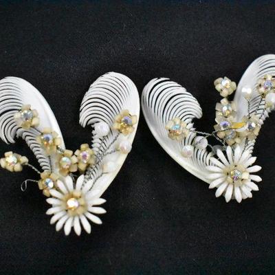 Vintage Clip On Earrings: Soft Plastic White Feather With Rhinestones. Germany