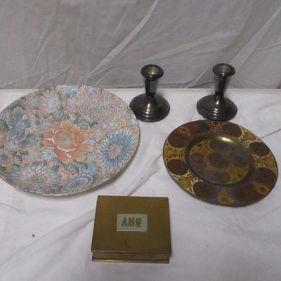 Lot 73 - Decorative Plates - Sterling Weighted Candle Holders - Trinket Box